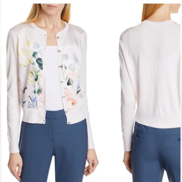TED BAKER Mixed Media Silky Front Floral Pale Pink Cardigan Sweater Sz 1 (0-2) - Picture 2 of 13